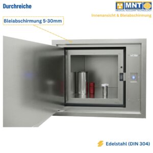 Durchreiche von MNT Kwint International mit geöffneter Türe – Blick auf den Innenraum mit Transportbehältern (Bleidose, Vials). Callout: Bleiabschirmung 5 bis 30 mm. Edelstahl 304, doppelwandige Konstruktion.