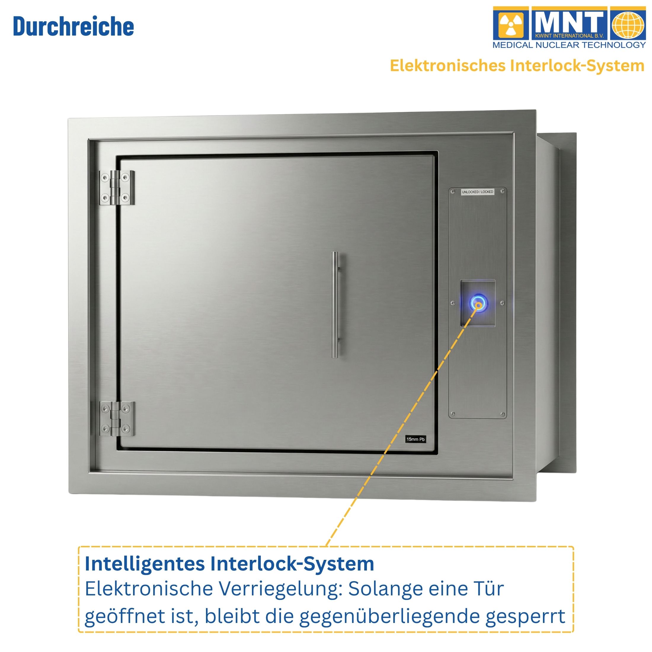 Durchreiche von MNT Kwint International – Frontansicht mit Callout auf den blauen LED-Druckknopf. Erläuterung des elektronischen Interlock-Systems: Gegenseitige Verriegelung verhindert gleichzeitiges Öffnen beider Türen. Bleiabschirmung 15 mm Pb sichtbar.
