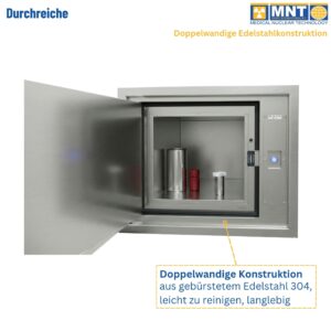 Durchreiche von MNT Kwint International mit geöffneter Türe – Innenansicht mit Transportbehältern. Callout zur doppelwandigen Konstruktion aus gebürstetem Edelstahl 304.