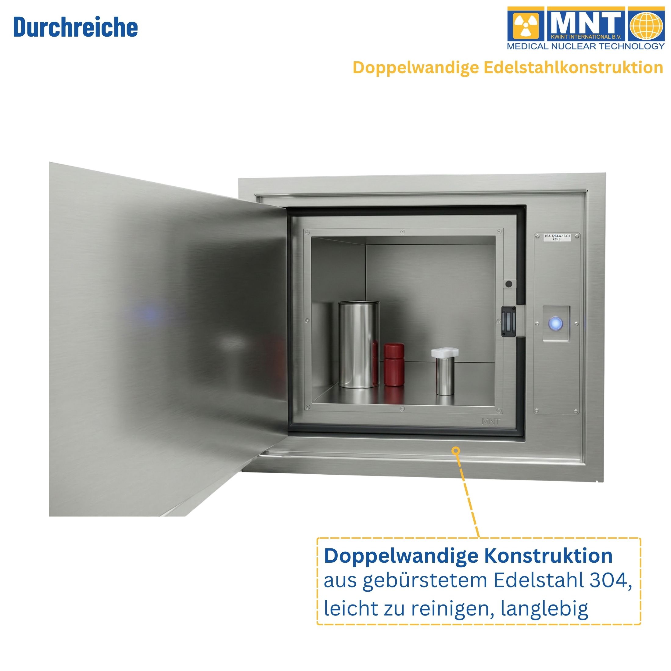 Durchreiche von MNT Kwint International mit geöffneter Türe – Innenansicht mit Transportbehältern. Callout zur doppelwandigen Konstruktion aus gebürstetem Edelstahl 304.