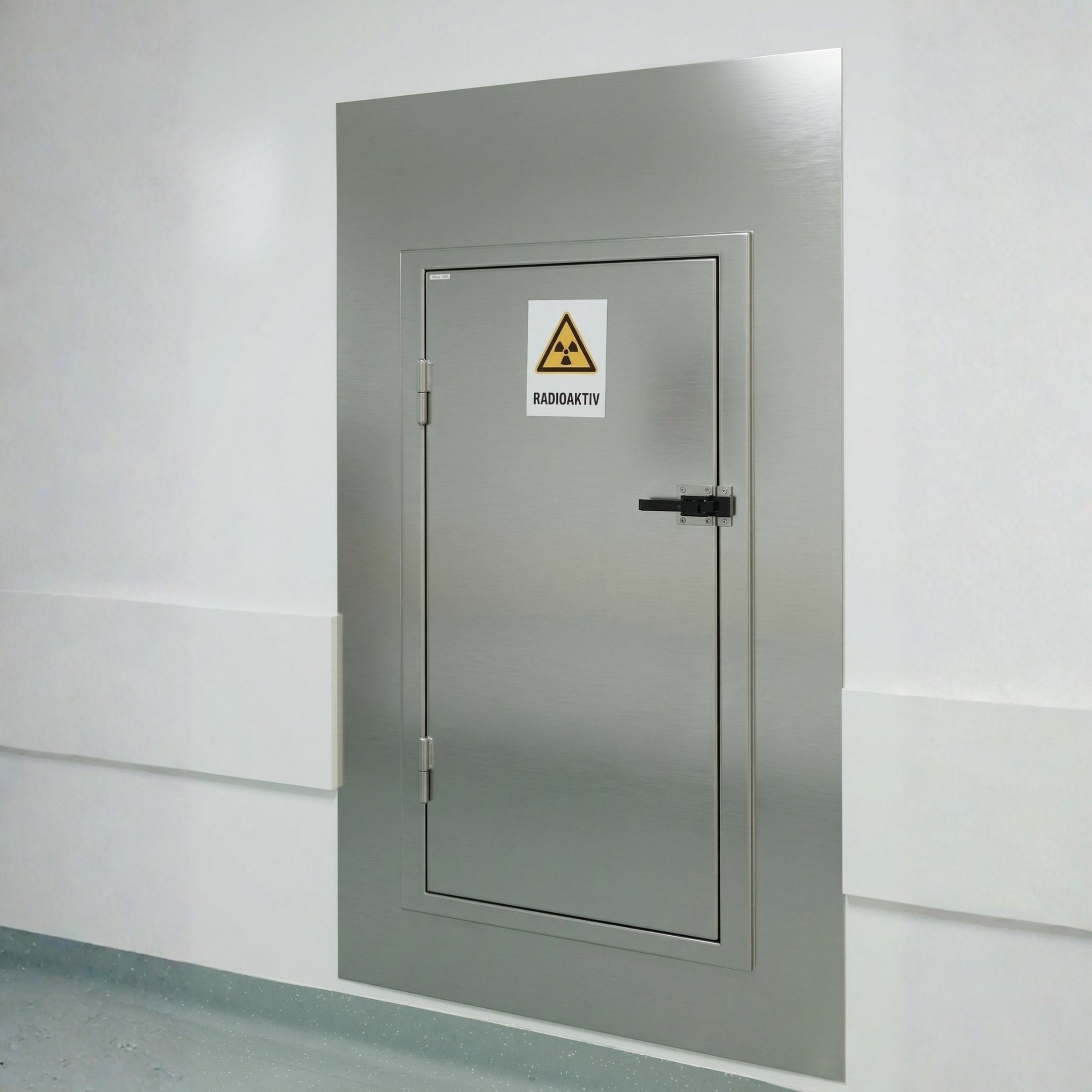 Generator-Lieferantenschleuse von MNT Kwint, wandbündig in Edelstahl 316 eingebaut, geschlossene Tür mit elektronischem ID-Kartenschloss und RADIOAKTIV-Warnzeichen, klinische Umgebung