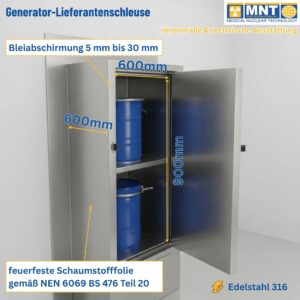 Geöffnete Generator-Lieferantenschleuse mit Innenmaßen 600 x 600 x 900 mm, zwei Transportbehälter auf Einlegeboden, Bleiabschirmung 5 bis 30 mm, feuerfeste Schaumstofffolie gemäß NEN 6069 BS 476 Teil 20, Edelstahl 316
