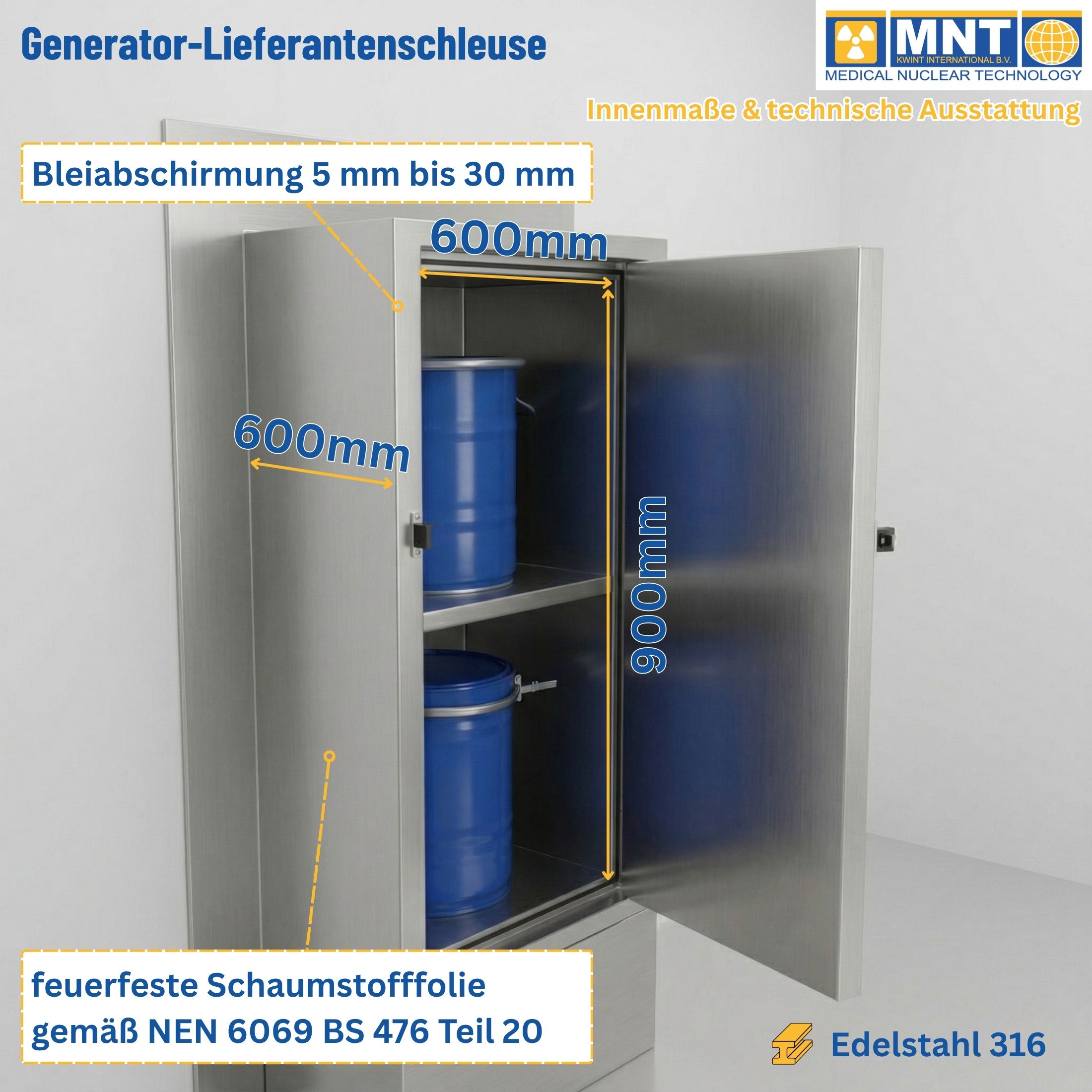 Geöffnete Generator-Lieferantenschleuse mit Innenmaßen 600 x 600 x 900 mm, zwei Transportbehälter auf Einlegeboden, Bleiabschirmung 5 bis 30 mm, feuerfeste Schaumstofffolie gemäß NEN 6069 BS 476 Teil 20, Edelstahl 316