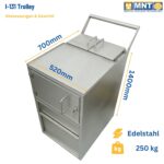 I-131 Trolley 2007.010 von MNT Kwint International – Maßbild mit eingezeichneten Außenabmessungen: 520 mm Breite, 700 mm Tiefe, 1400 mm Höhe. Material Edelstahl, Gesamtgewicht 250 kg.