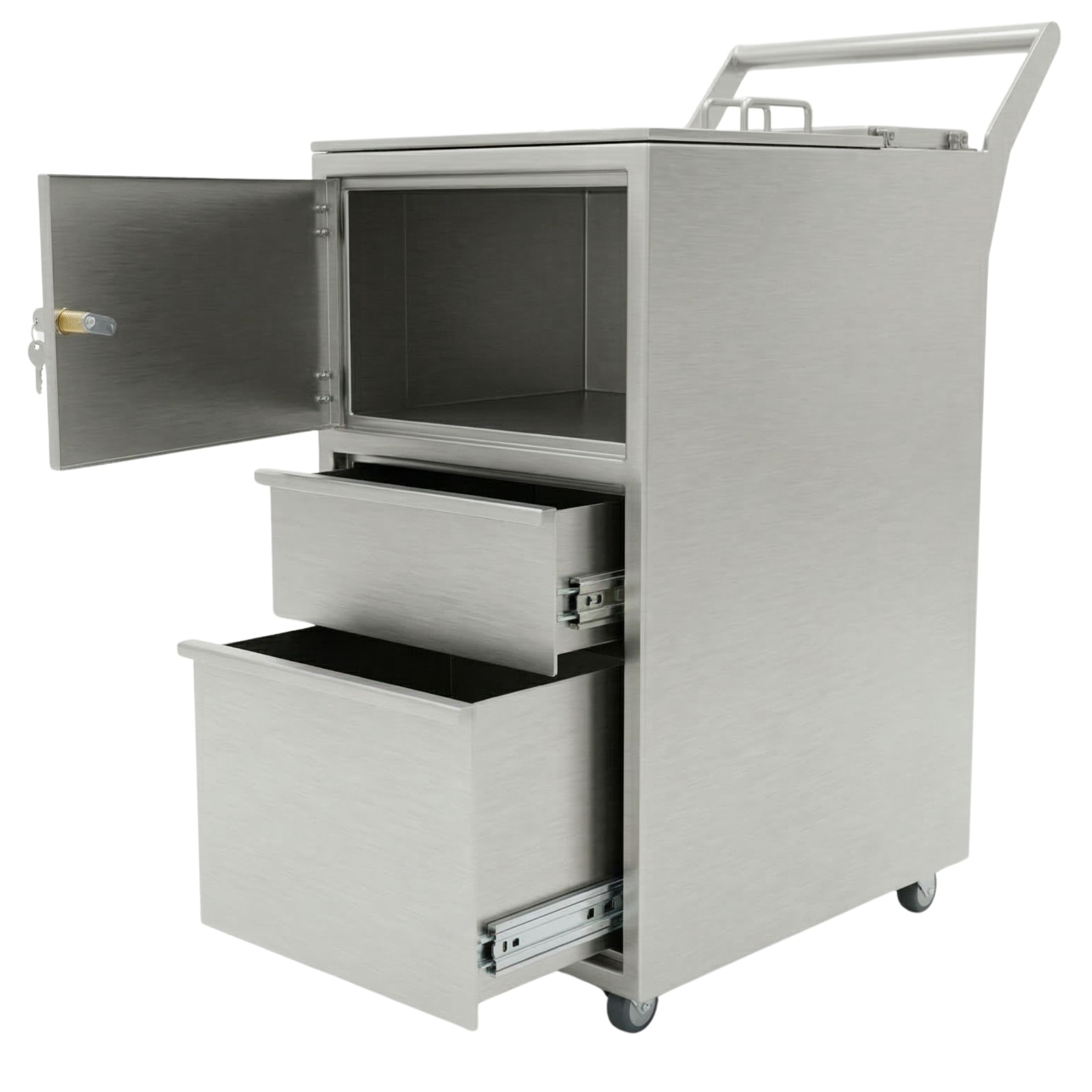 I-131 Trolley 2007.010 von MNT Kwint International – 3/4-Ansicht des gesamten Systems aus Edelstahl mit geöffneter abschließbarer Tür, zwei ausgezogenen Standardschubladen, Hochlastlenkrollen und ergonomischem Griffbügel oben.