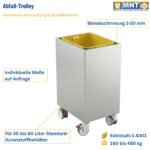 Technische Spezifikationen des MNT Kwint Int Abfall-Trolleys – Bleiabschirmung 2 bis 20 mm, Edelstahl 1.4301, Gewicht 160 bis 480 kg, geeignet für Standard-Kunststoffbehälter 30 bis 60 Liter, individuelle Maße auf Anfrage