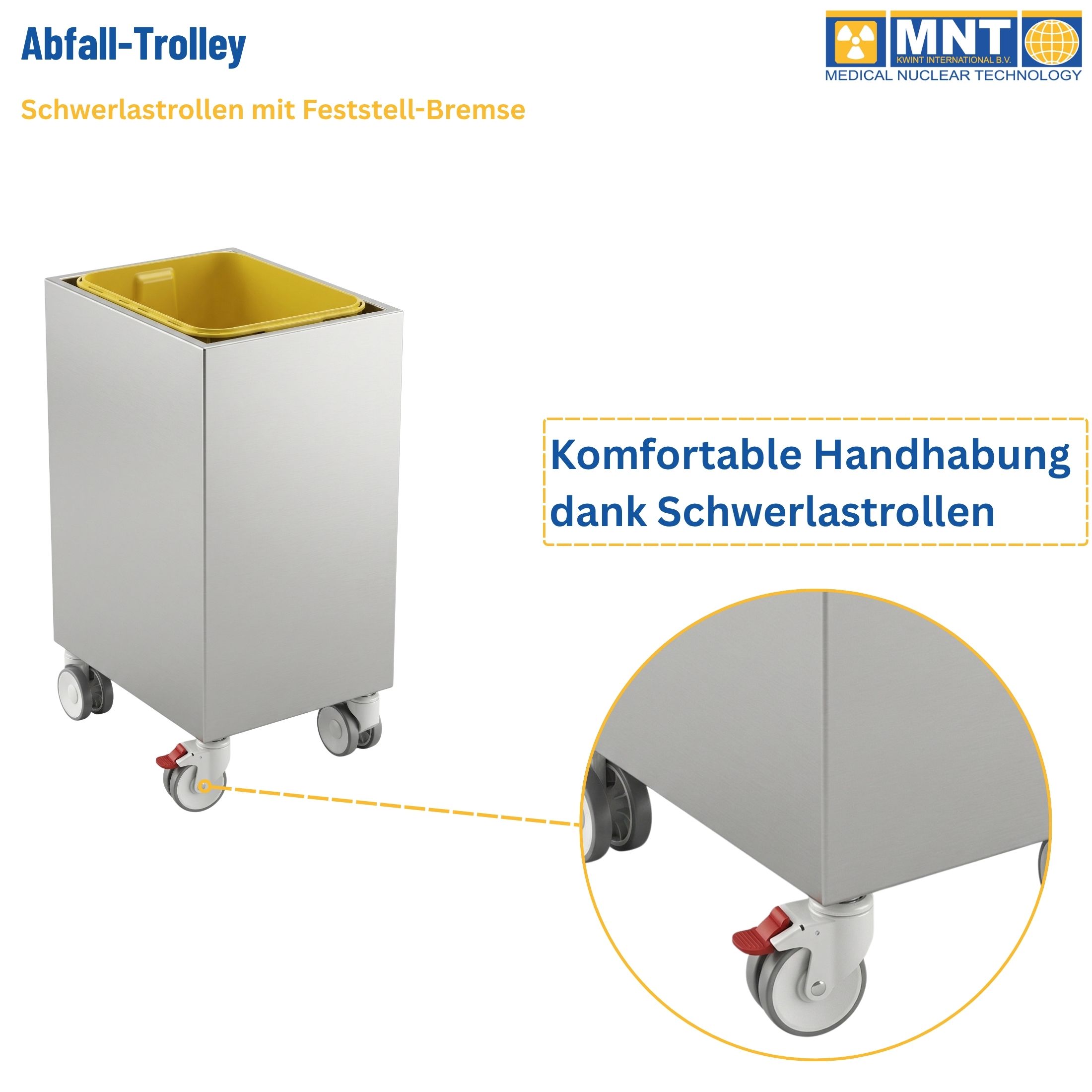 Detailansicht Schwerlastrollen mit Feststell-Bremse am MNT Kwint Int Abfall-Trolley – komfortable Handhabung trotz hohem Abschirmgewicht bis 480 kg, geeignet für den sicheren Transport radioaktiver Abfälle im Hot Lab