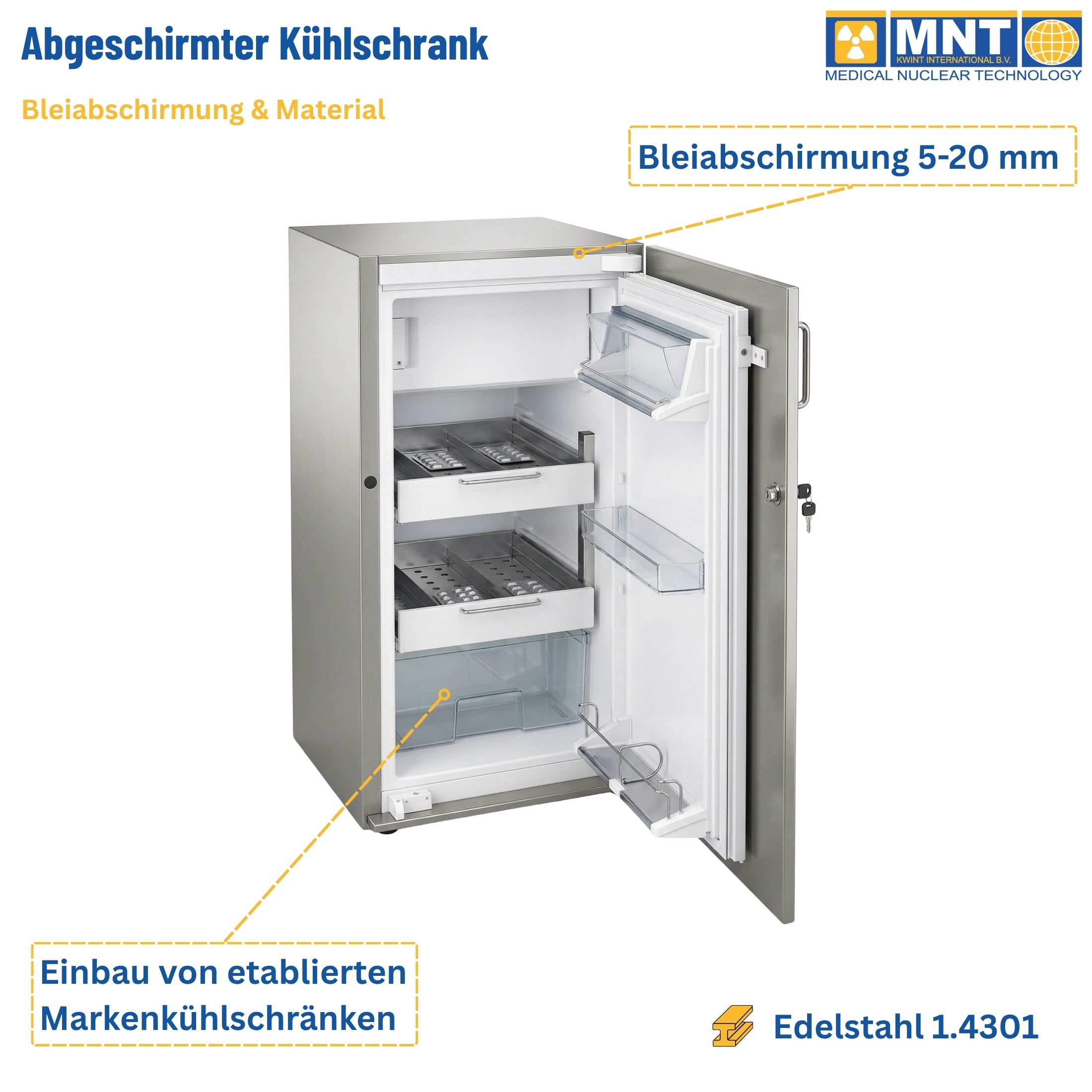 Abgeschirmter Kühlschrank MNT Kwint Int – Infografik: Bleiabschirmung 5–20 mm Pb allseitig, Einbau etablierter Markenkühlschränke, Edelstahl 1.4301