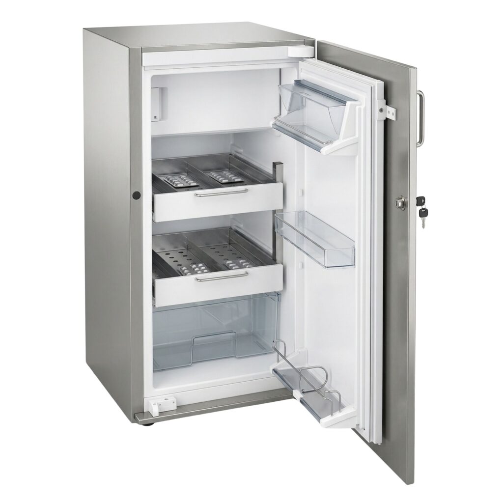 Abgeschirmter Kühlschrank MNT Kwint Int – 110-Liter-Einbaukühlschrank mit Bleiabschirmung für radioaktive Wirkstoffe, Edelstahl 1.4301, Türschloss, Innenraum mit Schubladen geöffnet