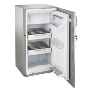 Abgeschirmter Kühlschrank MNT Kwint Int – 110-Liter-Einbaukühlschrank mit Bleiabschirmung für radioaktive Wirkstoffe, Edelstahl 1.4301, Türschloss, Innenraum mit Schubladen geöffnet