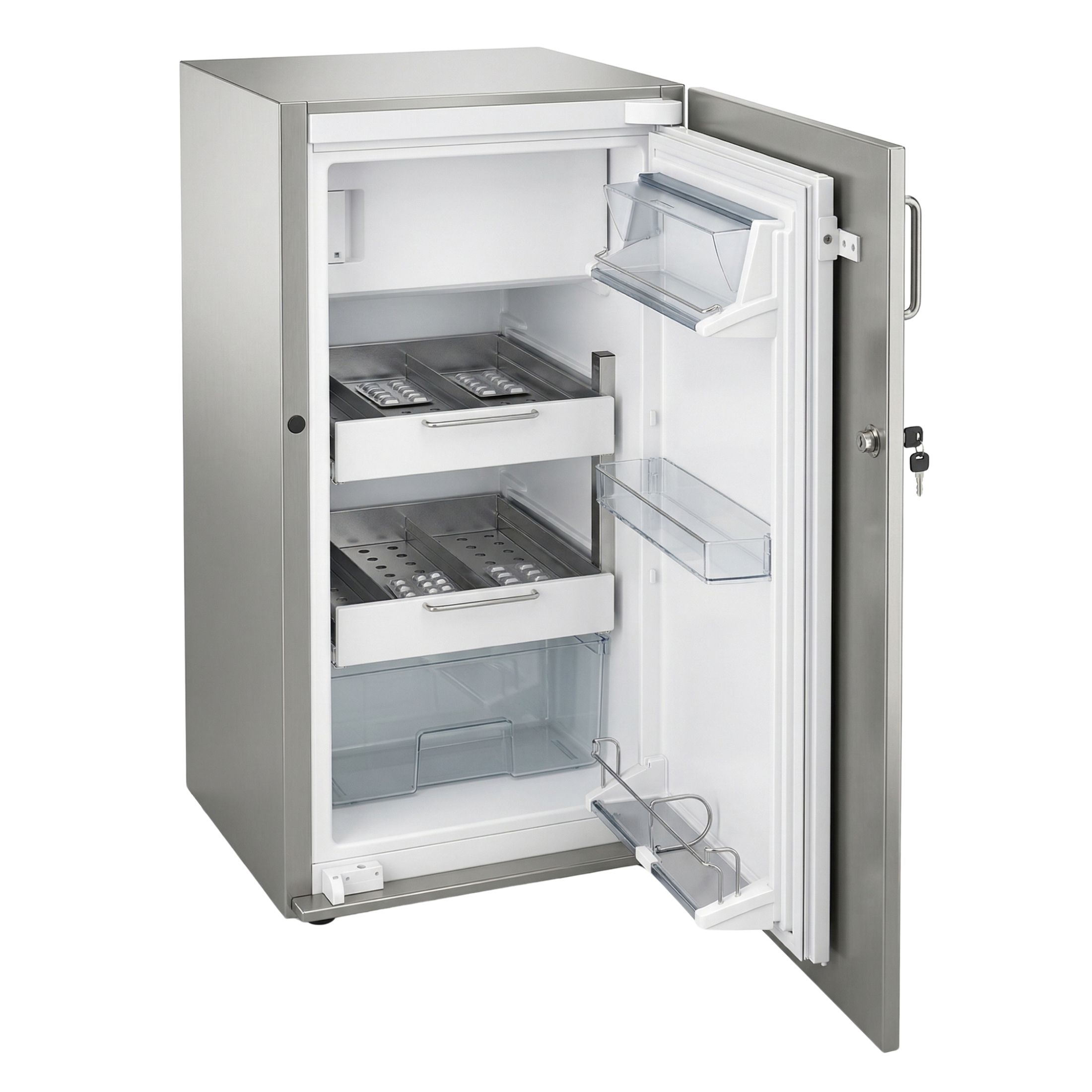 Abgeschirmter Kühlschrank MNT Kwint Int – 110-Liter-Einbaukühlschrank mit Bleiabschirmung für radioaktive Wirkstoffe, Edelstahl 1.4301, Türschloss, Innenraum mit Schubladen geöffnet