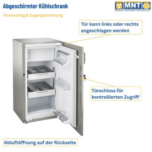 Abgeschirmter Kühlschrank MNT Kwint Int – Flexibler Türanschlag links oder rechts, Türschloss für kontrollierten Zugriff, Abluftöffnung auf der Rückseite