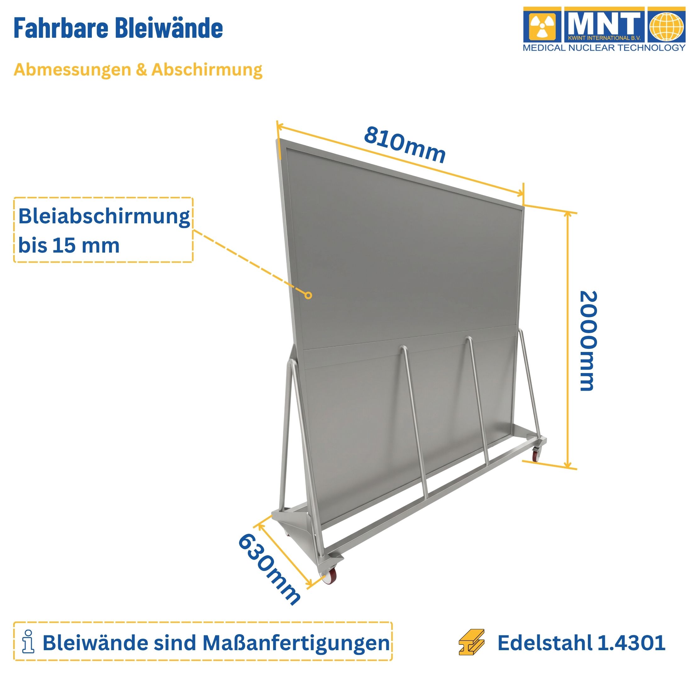 Maßzeichnung Fahrbare Bleiwand MNT Kwint Int – Breite 810 mm, Bleiabschirmung bis 15 mm Pb, Edelstahl 1.4301, Maßanfertigung für nuklearmedizinische Einrichtungen
