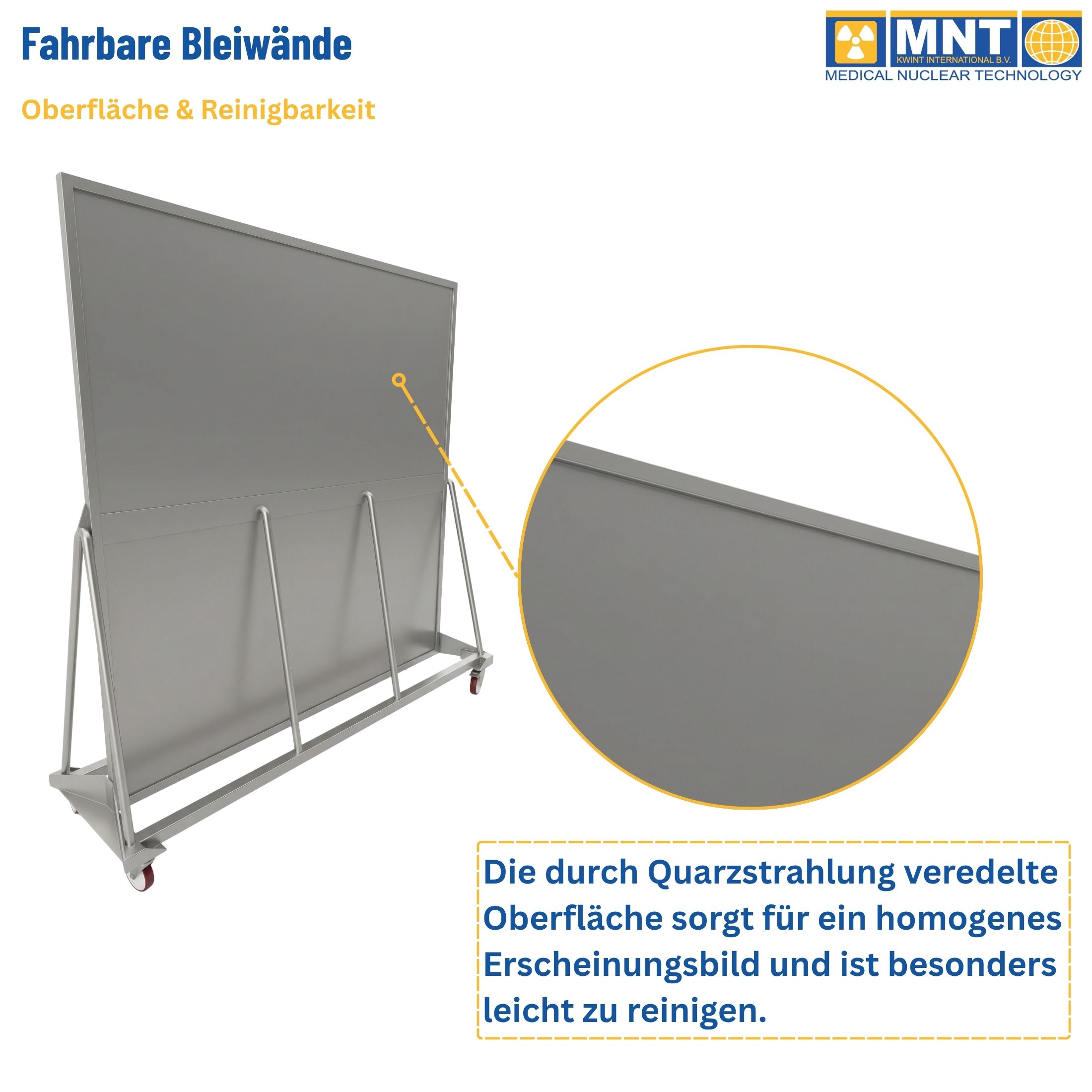 Quarzgestrahlte Edelstahloberfläche der fahrbaren Bleiwand MNT Kwint Int – homogene, leicht zu reinigende Oberfläche für den kontaminationsarmen Heißlabor-Einsatz