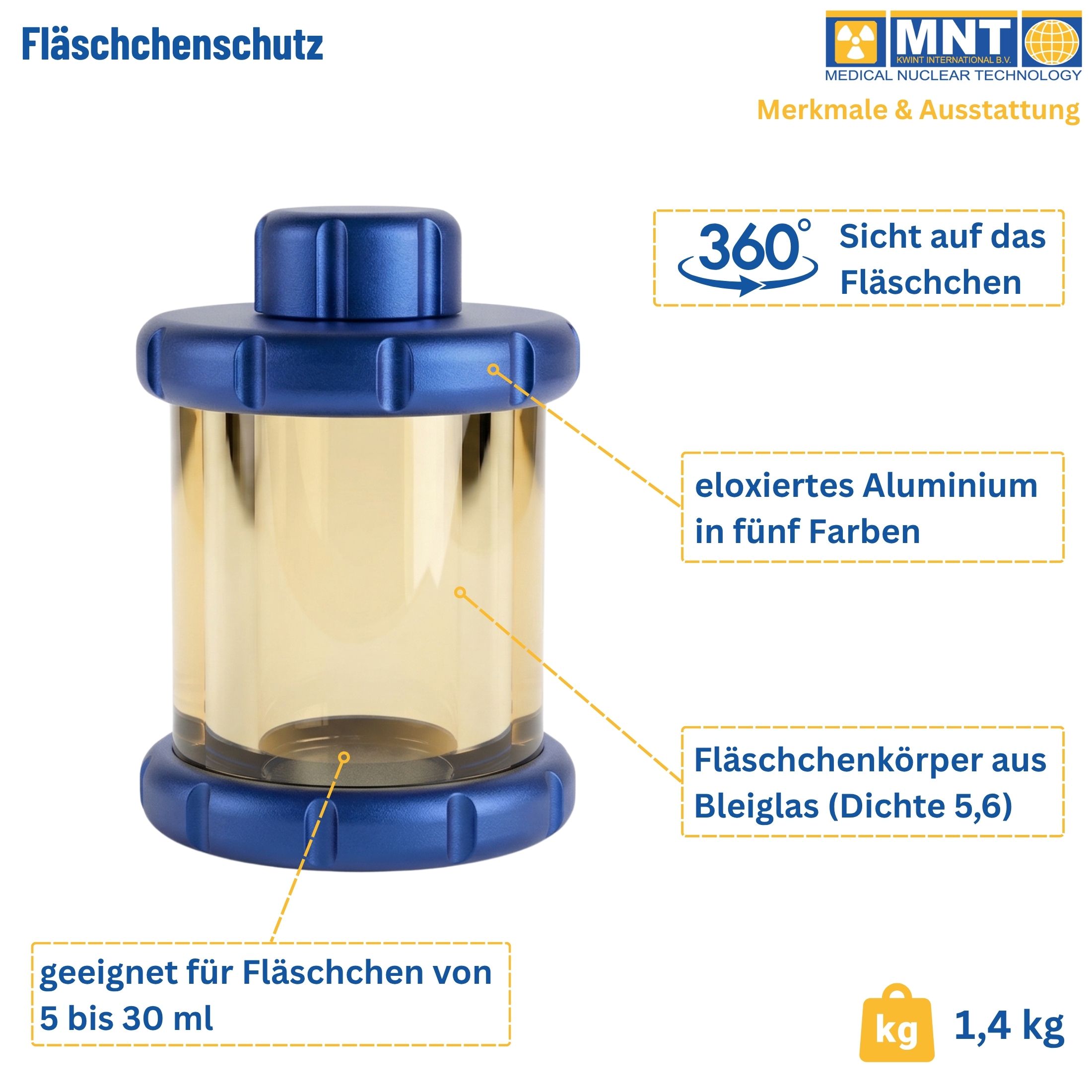 Fläschchenschutz VSLG Infografik – 360°-Rundumsicht, eloxiertes Aluminium, Bleiglas Dichte 5,6, geeignet für Fläschchen 5–30 ml | MNT Kwint Int