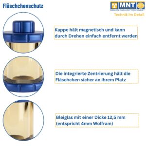 Fläschchenschutz VSLG Detailansicht – Magnetkappe, integrierte Zentrierung, 12,5 mm Bleiglas (4 mm Wolfram-Äquivalent) | MNT Kwint Int