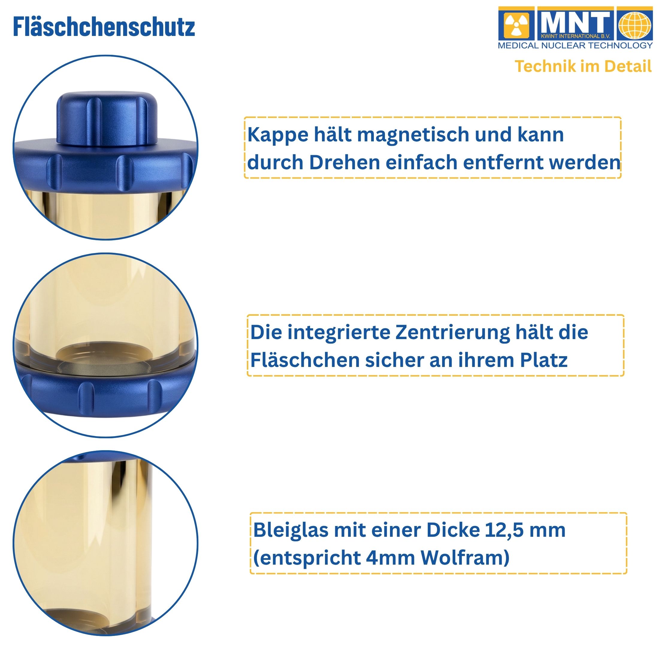 Fläschchenschutz VSLG Detailansicht – Magnetkappe, integrierte Zentrierung, 12,5 mm Bleiglas (4 mm Wolfram-Äquivalent) | MNT Kwint Int