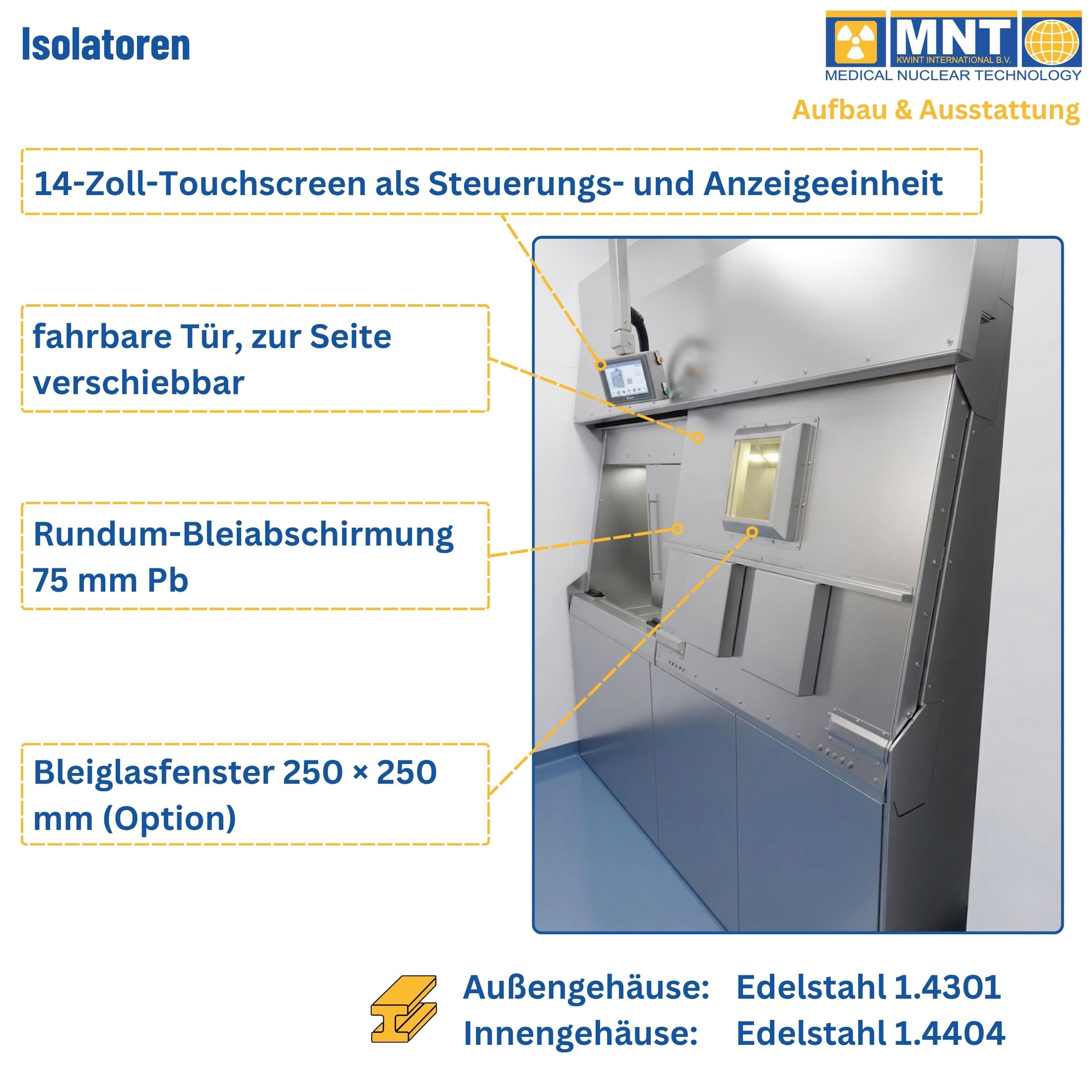 MNT Kwint INT Isolator Aufbau und Ausstattung – fahrbare Tür, 75 mm Rundum-Bleiabschirmung, optionales Bleiglasfenster 250 × 250 mm, Edelstahlgehäuse 1.4301 außen und 1.4404 innen
