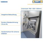 MNT Kwint INT Isolator Innenraum 700 × 500 × 600 mm – Handschuhtore für sicheres Arbeiten, integrierte Beleuchtung und 75 mm Pb Rundum-Bleiabschirmung