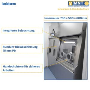 MNT Kwint INT Isolator Innenraum 700 × 500 × 600 mm – Handschuhtore für sicheres Arbeiten, integrierte Beleuchtung und 75 mm Pb Rundum-Bleiabschirmung