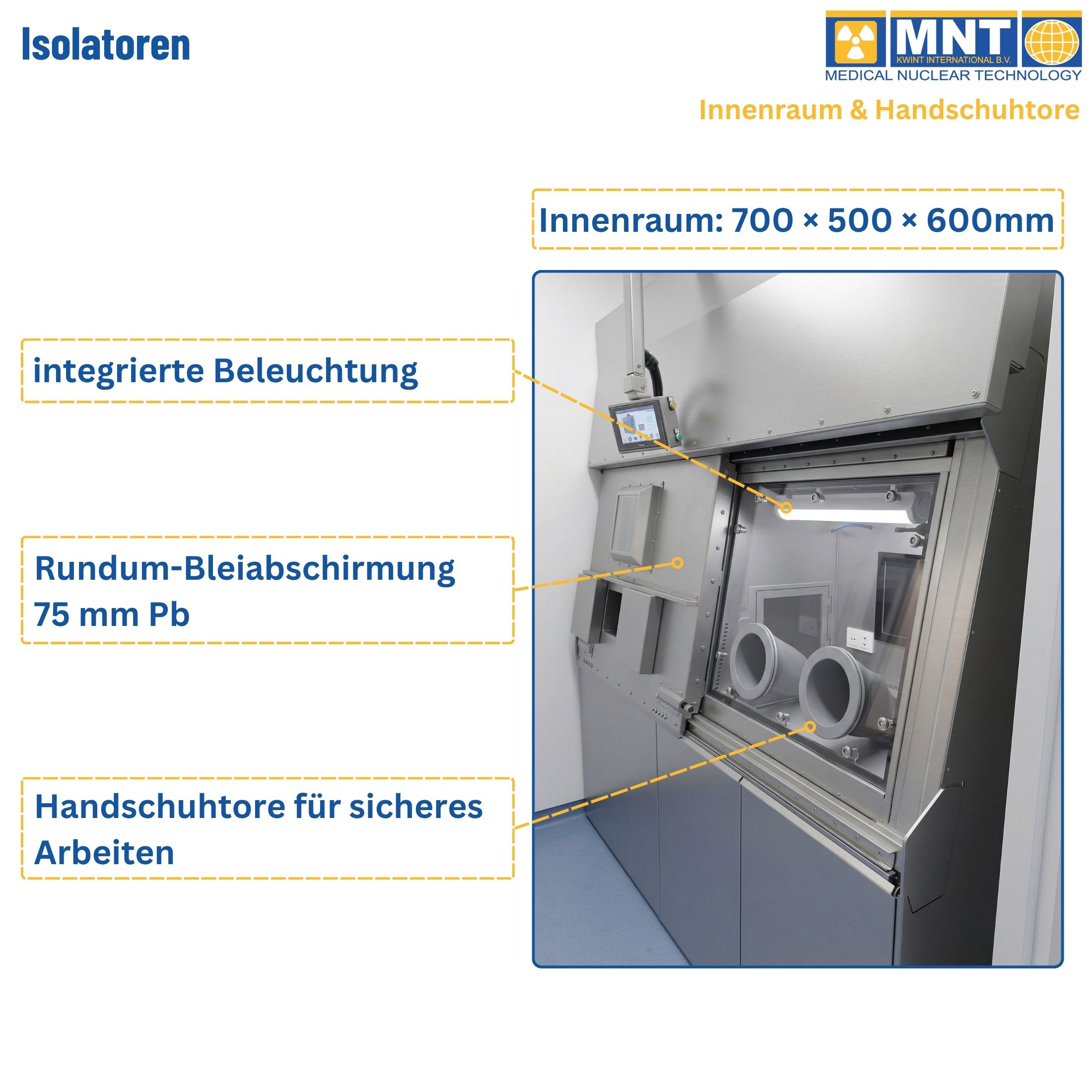 MNT Kwint INT Isolator Innenraum 700 × 500 × 600 mm – Handschuhtore für sicheres Arbeiten, integrierte Beleuchtung und 75 mm Pb Rundum-Bleiabschirmung