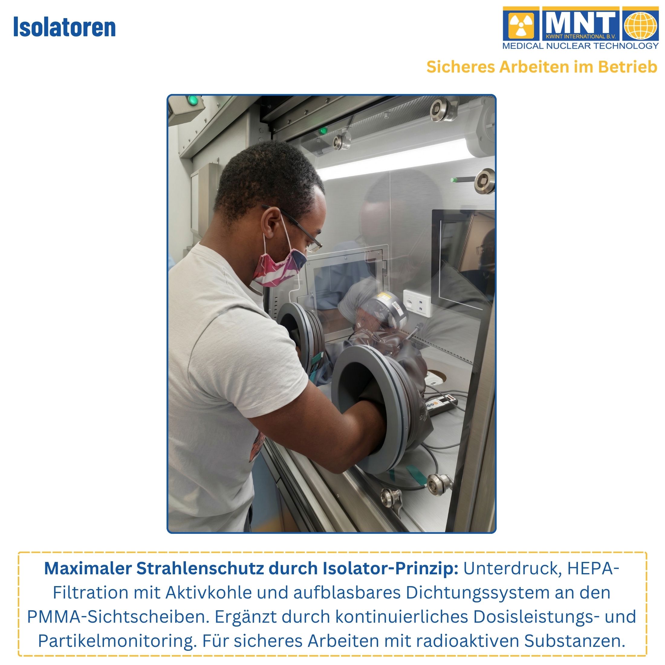 MNT Kwint INT Isolator im Betrieb – Techniker arbeitet durch Handschuhtore mit PMMA-Sichtscheibe, Unterdruck-Isolator-Prinzip mit HEPA-Filtration und kontinuierlichem Partikelmonitoring