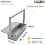 Technische Abmessungen des Spritzenträgers von MNT Kwint Int – Breite 240–260 mm, Höhe 44 mm, Tiefe 20 mm, Bleiabschirmung 3 mm oder 6 mm, Gewicht 3,5 kg bzw. 7 kg, Edelstahl 1.4301