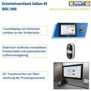 Bedien- und Steuerungselemente der Ga-68-Sicherheitswerkbank UTF 1600/1900: Touchdisplay mit Schlüsselschalter an der Vorderseite, elektrischer Schalter für die stufenlos verstellbare Frontscheibe mit Luftstromregelung, sowie 21-Zoll-Touchmonitor zur Überwachung der Prozessparameter.