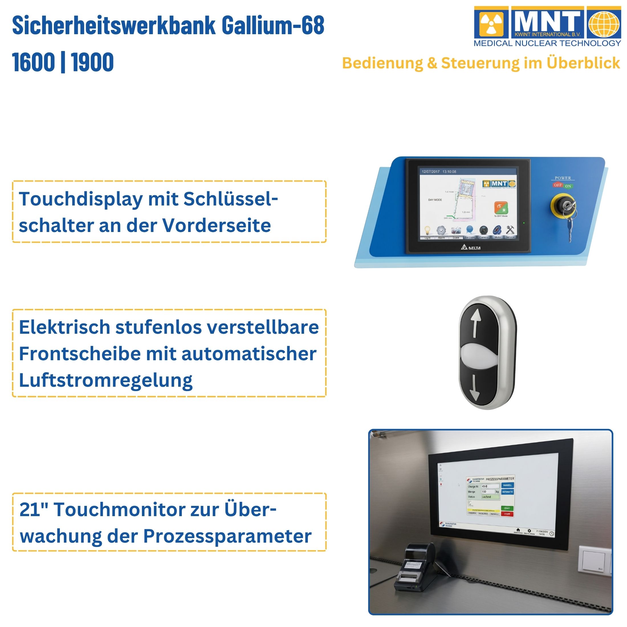 Bedien- und Steuerungselemente der Ga-68-Sicherheitswerkbank UTF 1600/1900: Touchdisplay mit Schlüsselschalter an der Vorderseite, elektrischer Schalter für die stufenlos verstellbare Frontscheibe mit Luftstromregelung, sowie 21-Zoll-Touchmonitor zur Überwachung der Prozessparameter.