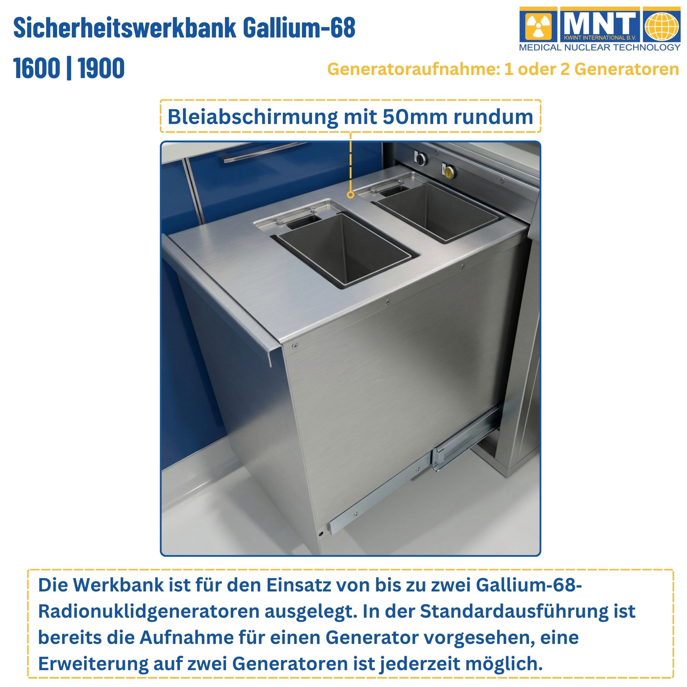 Ausziehbare Generatoraufnahme der Ga-68-Sicherheitswerkbank UTF 1600/1900 mit 50 mm Bleiabschirmung. Standardmäßig für einen Generator ausgelegt, erweiterbar auf zwei Ga-68-Radionuklidgeneratoren.