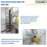 Optionales Zubehör zur Ga-68-Sicherheitswerkbank UTF 1600/1900: Apothekerschrank (1,8 m Höhe) für direkten Zugriff auf Verbrauchsmaterial, und Abfalltrennschrank mit Bleiabschirmung für zwei 120-Liter-Behälter.
