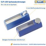 Annotiertes Produktbild der MNT Kwint Clip-Lock 
Spritzenabschirmung: 2 mm Wolframabschirmung, 
Bleiglas-Sichtfenster (Dichte 5,2), eloxiertes Aluminium, 
geeignet für 1 bis 10 ml Spritzen.