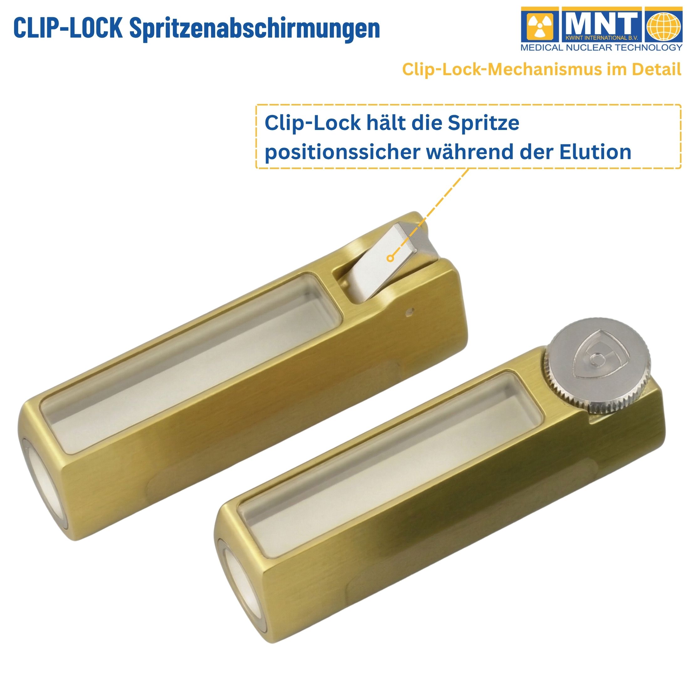 Detailansicht des Clip-Lock-Mechanismus der MNT Kwint 
Spritzenabschirmung in Gold – hält die Spritze während des 
Elutionsprozesses sicher in Position.