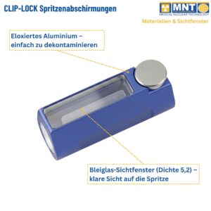 Geschlossene Clip-Lock Spritzenabschirmung in Blau – 
eloxiertes Aluminium für einfache Dekontaminierung, 
Bleiglas-Sichtfenster mit Dichte 5,2 für klare Sicht 
auf die Spritze.