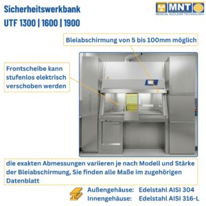 Abmessungen der Sicherheitswerkbank UTF 1300 – Bleiabschirmung 5 bis 100 mm nachrüstbar, elektrisch verstellbare Frontscheibe, Außengehäuse Edelstahl AISI 304