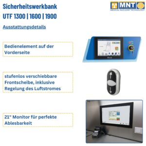 Ausstattungsdetails UTF 1300: Touchscreen-Bedienelement, seitlicher Schalter für stufenlose Frontscheibe und 21-Zoll-Monitor für GMP-konforme QC-Darstellung