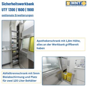 Optionale Erweiterungen für UTF 1300: Edelstahl-Apothekerschrank 1,8 m mit Auszugsystem und Abfalltrennschrank mit 5 mm Bleiabschirmung für zwei 120-Liter-Behälter