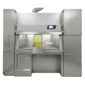 MNT Kwint Sicherheitswerkbank UTF 1300 – abgeschirmte Klasse-II-Werkbank für Tc-99m Radiopharmaka-Zubereitung in der Nuklearmedizin, Edelstahl AISI 304