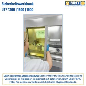 Generator-Hubsystem der Sicherheitswerkbank UTF: Tc-99m Generator wird mitsamt Strahlenschutzbehälter elektrisch auf Arbeitshöhe gehoben – lückenloser Strahlenschutz für das Personal