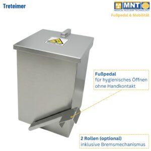 Detailansicht des abgeschirmten Treteimers von MNT Kwint: Fußpedal für hygienisches Öffnen ohne Handkontakt, optional mit 2 Rollen inklusive Bremsmechanismus – RADIOAKTIV-Kennzeichnung nach Strahlenschutzstandard.