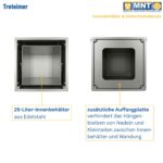 Draufsicht auf den abgeschirmten Treteimer von MNT Kwint: 25-Liter-Innenbehälter aus Edelstahl und separate Auffangplatte, die das Hängenbleiben von Nadeln und Kleinteilen zwischen Innenbehälter und Wandung zuverlässig verhindert.