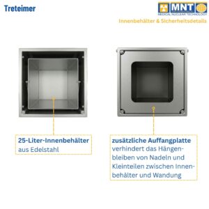 Draufsicht auf den abgeschirmten Treteimer von MNT Kwint: 25-Liter-Innenbehälter aus Edelstahl und separate Auffangplatte, die das Hängenbleiben von Nadeln und Kleinteilen zwischen Innenbehälter und Wandung zuverlässig verhindert.